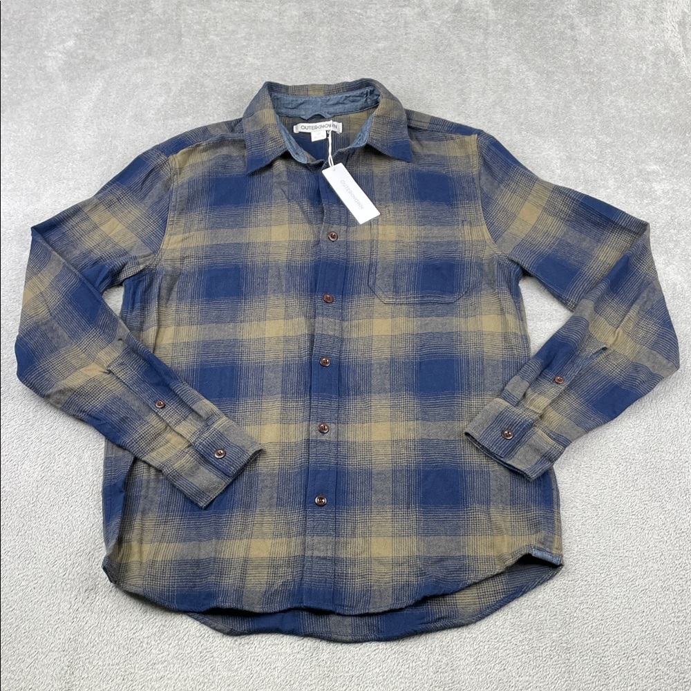NEW‎ Outerknown S 100% Organic Cotton Blue and Tan Plaid Men's Shirt